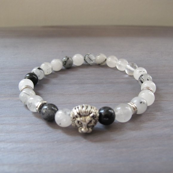 Tourmaline Quartz Beads Gemstone Bracelets Silver Lion Charm Mens Bracelet - Picture 2 of 5